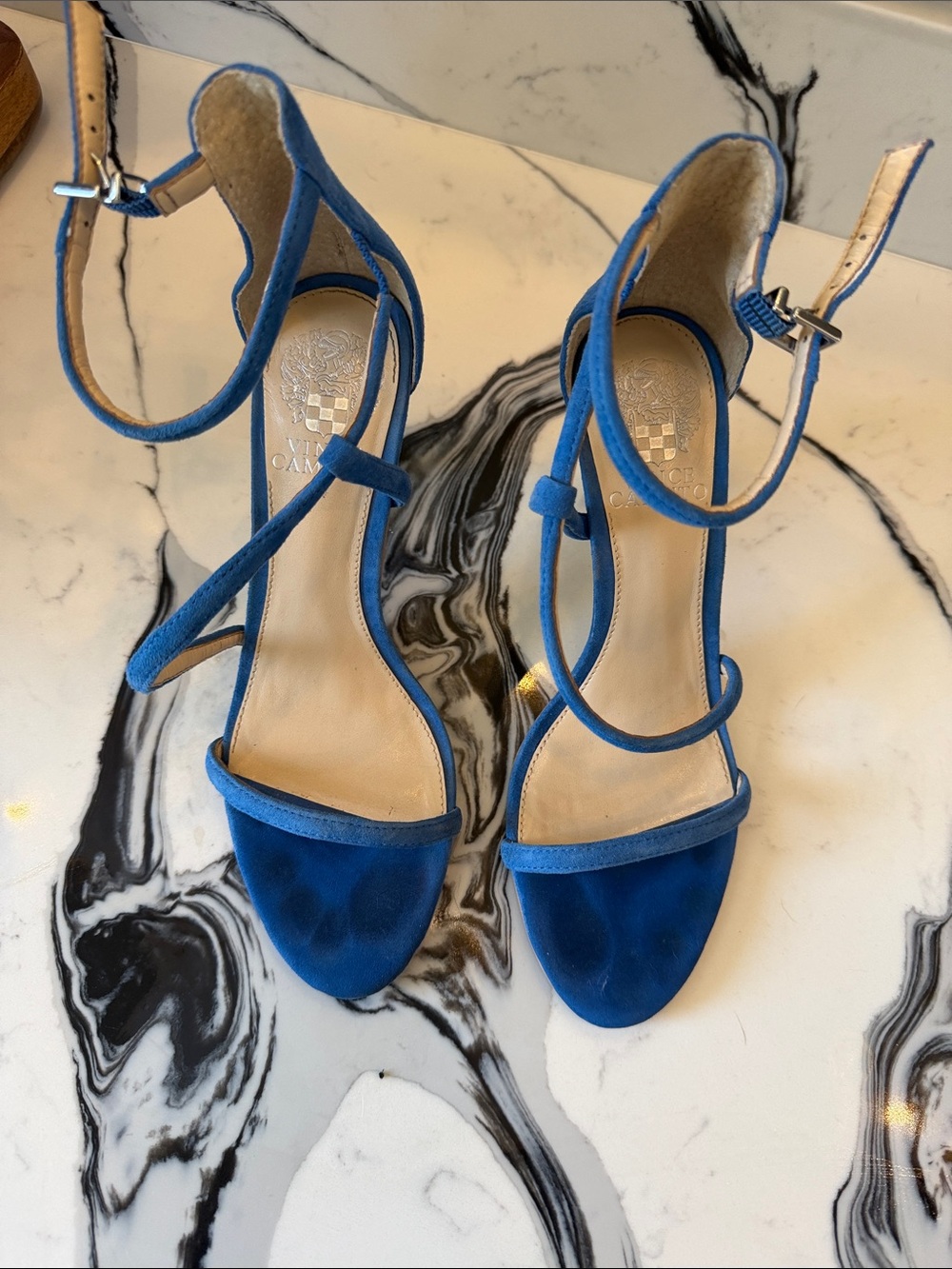 Vince Camuto Blue Suede Strappy Ankle-Heel Sandals